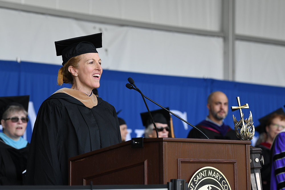 Master Sgt. MaryKay Messenger, a 1988 alumna of the Mount, kicked off the ceremony by singing “God Bless America.”